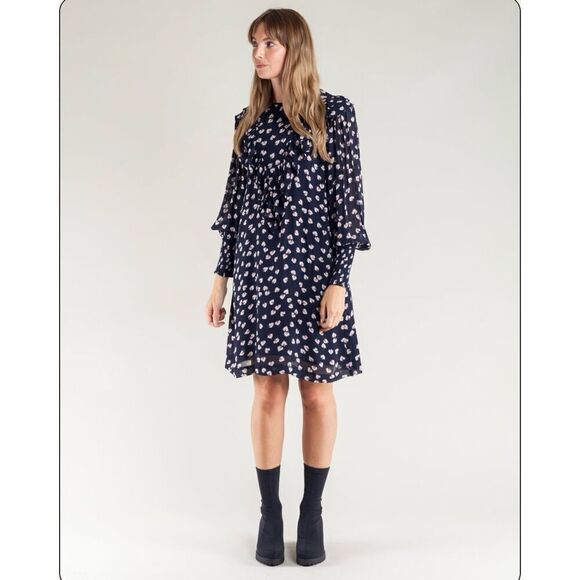 NWT Ganni Rometty Georgette Floral Ruffle Mini Dress Total Eclipse Size 6/Medium - Picture 1 of 12